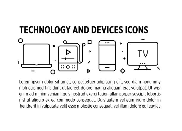 Technology and Devices, Phone, Computer, Smart Devices Icons Smartphone, Printer, Camera, Laptop, Game Controller, Music Player, Smart TV, Projector, Tablet, Phone, Microphone, Monitor, Smart Watch, Mouse, Video Camera, Radio, Keyboard, Sound Speaker Icons. smart tv angle stock illustrations
