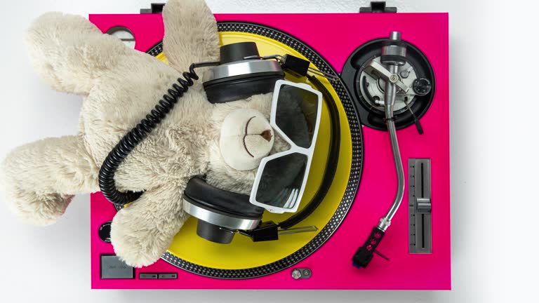 a dj teddy bear lying on turntables