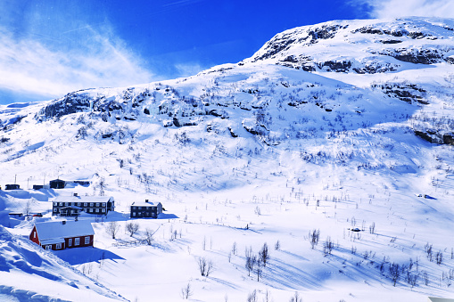 Myrdal, Norway, Winter - Captured from Oslo to Myrdal train, an aerial view of houses in a small village high in the snow covered mountains near Myrdal, Norway