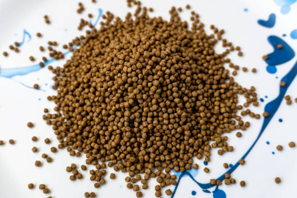 The Feed for catfish at the end of the nursery stage and the beginning of the growing stage. Pile of compound feed small round isolated on white plate The Feed for catfish at the end of the nursery stage and the beginning of the growing stage. Pile of compound feed small round isolated on white plate fish food stock pictures, royalty-free photos & images