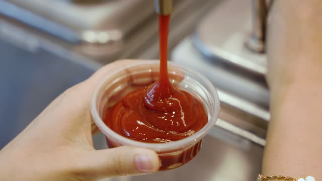 A close-up shot of a red ketchup dispenser at a fast food restaurant.