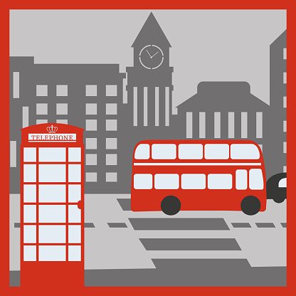 London cityscape, red telephone booth, bus. Vector illustration in the papercut style.
