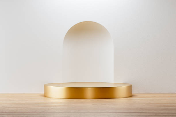 istock 3d presentation background with wooden floor over white wall with arch 1487491040