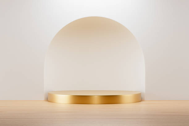 istock 3d presentation background with wooden floor over white wall with arch 1487491044