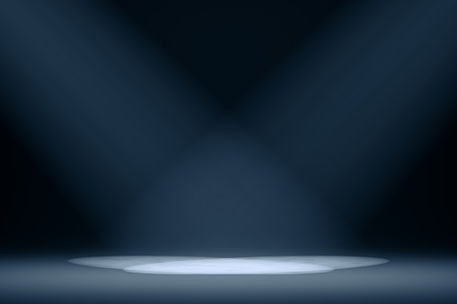 3d scene background with floor illuminated by round spot lights. Stage with ray of the lights