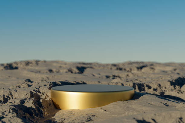 istock 3d presentation golden pedestal over rock landscape background 1487491140