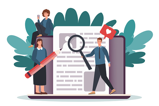 Resume filling concept. Man with magnifying glass and woman with pencil. Workers looking for job, candidates for vacancy. CV and curriculum vitae. Hiring workers. Cartoon flat vector illustration
