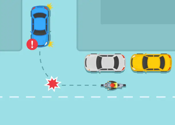 Vector illustration of Safety car driving and bike riding rules. Traffic regulating on three way junction and crossroads. Dangerous left turn in front of hidden motorcycle.