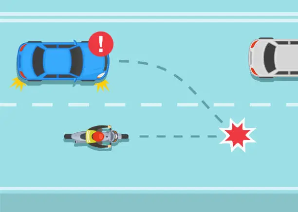 Vector illustration of Safety car driving and bike riding rules. Don't cut off other vehicles warning. Dangerous right turn in front of a motorcycle on the city road.