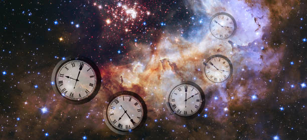 istock Fantastic space landscape and clocks located one after another fly in space 1487493610