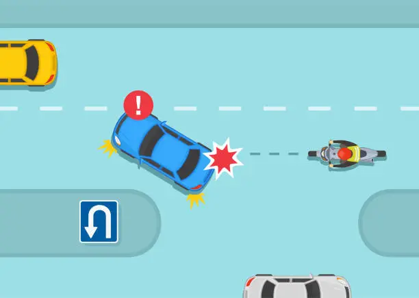 Vector illustration of Safe motorcycle riding rules and tips. Left turn accident when there is a median. Car u-turn collision with motorcycle. Top view.