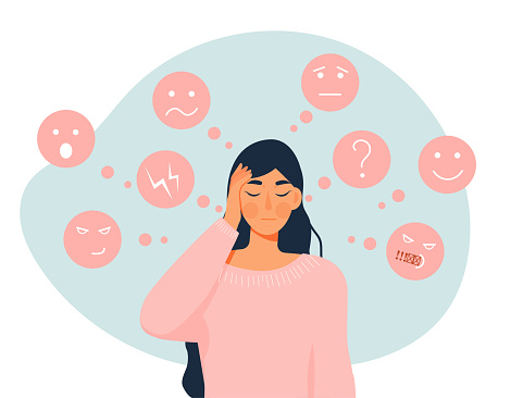 Woman with mood. Young girl in pink sweater stands and holds her head. Psychology and mental health, emotional burnout. Character suffers from Bipolar disorder. Cartoon flat vector illustration