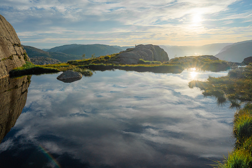 Scenic view of reflection lake in Norwegian Highlands at sunrise