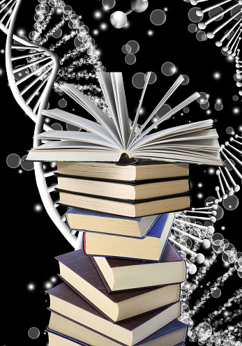 The image of a stack of books and an open book on it against the background of stylized DNA chains