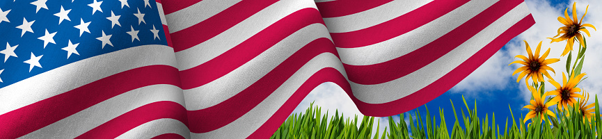 Image of the flag of the United States of America waving in the wind and beautiful holiday flowers