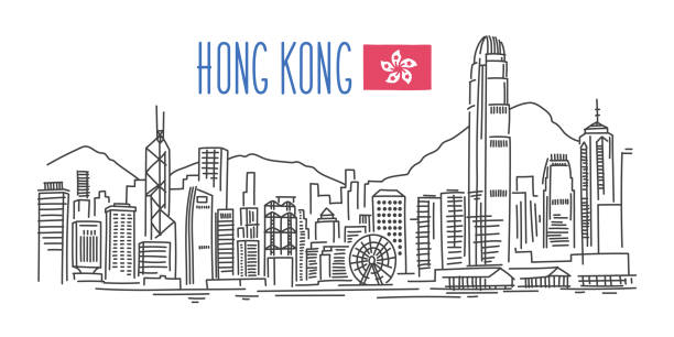 illustrazioni stock, clip art, cartoni animati e icone di tendenza di disegno vettoriale dello skyline di hong kong - kowloon bay