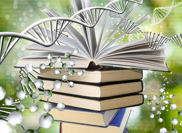 istock stack of books and on it an open book surrounded by stylized figures of DNA chains 1487495936
