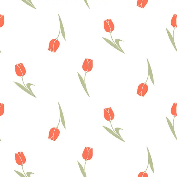 Vector illustration of Seamless pattern of hand drawn tulips in pastel colours on isolated background.