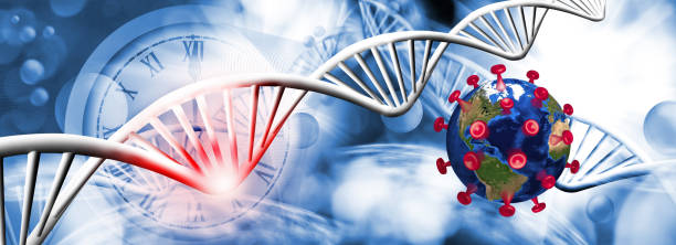 istock globe with red tentacles, making it look like a stylized image of the coronavirus virus against the background of stylized DNA chains 1487496205