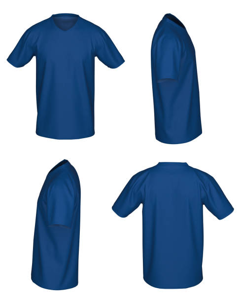 istock V-Neck T-Shirt. From four sides, isolated on white background. Blue 1487497224