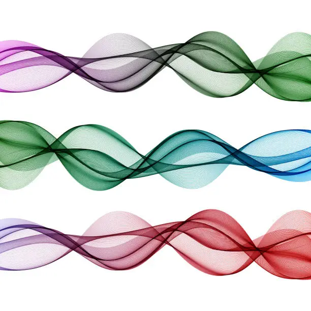 Vector illustration of Set of horizontal transparent color waves on white background, purple, blue, green, orange and pink wave lines design