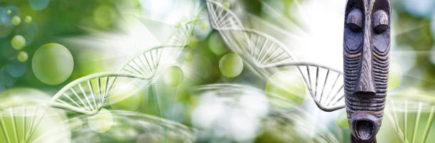 istock ancient primitive wooden mask on the background of an abstract view with stylized DNA chains and flying balls 1487501537