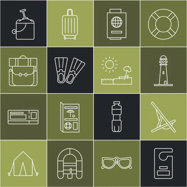 Vector illustration of Set line Please do not disturb, Sunbed, Lighthouse, Passport with ticket, Rubber flippers, Hiking backpack, Sand bucket shovel and Beach umbrella chair icon. Vector