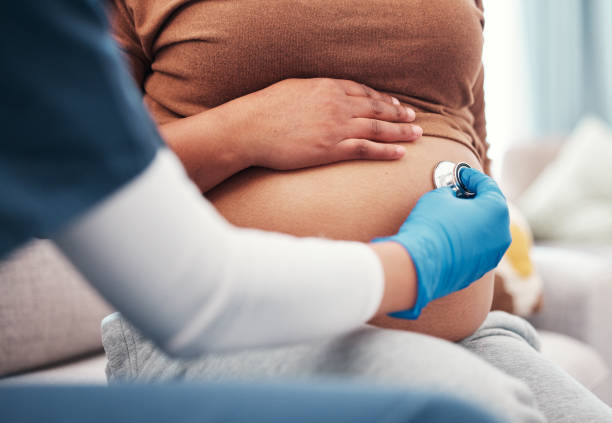 closeup, pregnant and woman with healthcare checkup and stomach with wellness, appointment and results. zoom, pregnancy and female with doctor, stethoscope and medical professional for consultation - prenatal care imagens e fotografias de stock