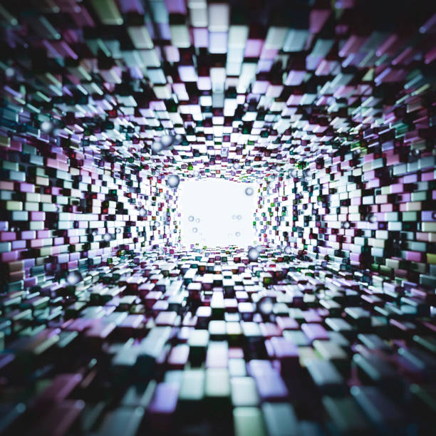 istock 3d abstract colorful tunnel background from squares and rectangles with light at the end. Futuristic corridor with depth and perspective. 3d rendering illustration. 1487505378