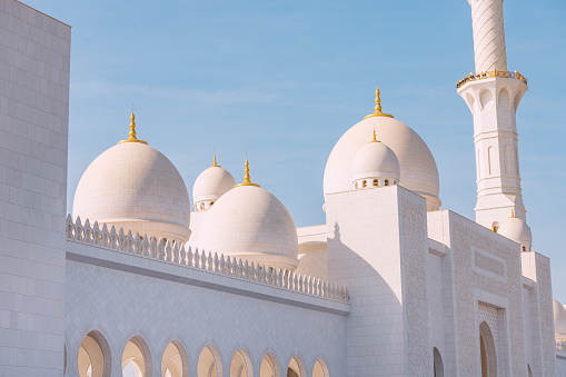 15 January 2023, Abu Dhabi, UAE: Architectural details of famous Sheikh Zayed Grand Mosque in Abu Dhabi, UAE.