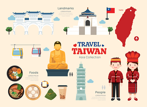 Travel Taiwan flat icons set. Taiwanese element icon map and landmarks symbols and objects collection. Vector Illustration