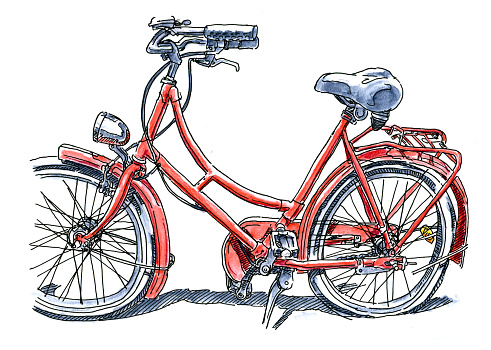 Red Womens City Bicycle Drawing. Ink Pen And Watercolor Pencil Drawing.