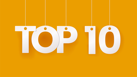 Top 10 or top ten banner. Hanging on rope or thread letter. Rating chart. Yellow background. Vector illustration