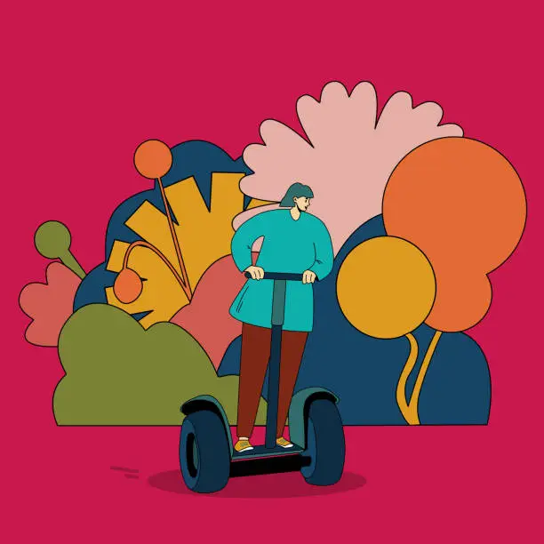Vector illustration of A girl rides a segway. A woman on a scooter on a background of flowers. Colorful illustration of electric transport. Eco-friendly transport