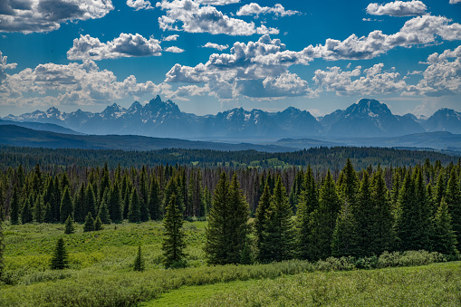 Distant view of the Grand Teton National Park mountains in Wyoming, USA, North America.. Nearest cities Jackson, Wyoming, Denver, Colorado and Salt Lake City, Utah.