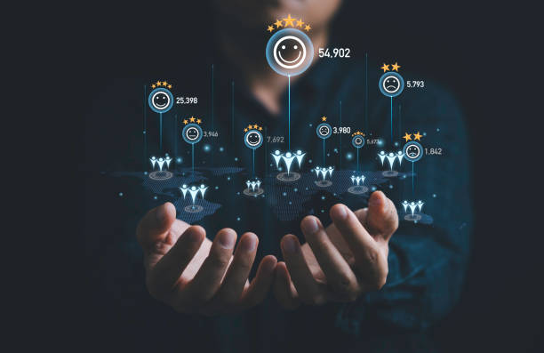 istock Businessman holding virtual human icon with client evaluation rating status on world map for customer evaluation after use product and service concept. 1487512629