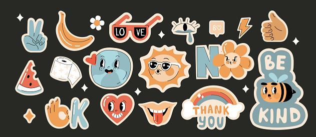 Retro cartoon doodle illustration set. Trendy stickers bundle with flower, rainbow, Earth and other vintage comic characters and funny quotes. Vector illustration.