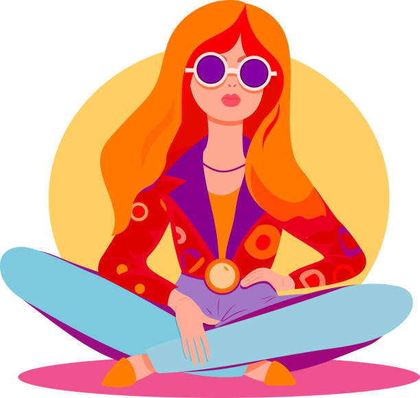 illustrations, cliparts, dessins animés et icônes de personnage groovy, femme hippie rétro de l’illustration vectorielle des années 70. fille en vêtements rétro assise en lotus pose. - 1970s style women hippie retro revival