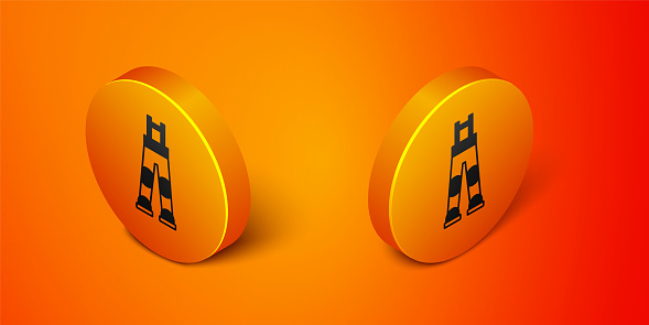 Isometric Fisherman rubber pants icon isolated on orange background. Orange circle button. Vector.