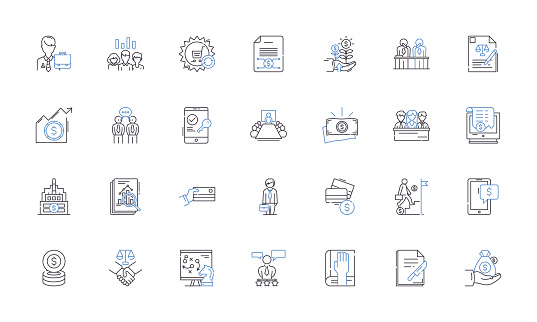 Mtary establishment outline icons collection. Barracks, Military base, Fortification, Battlement, Bunkhouse, Command center, Armory vector and illustration concept set. Outpost,Training ground linear signs and symbols