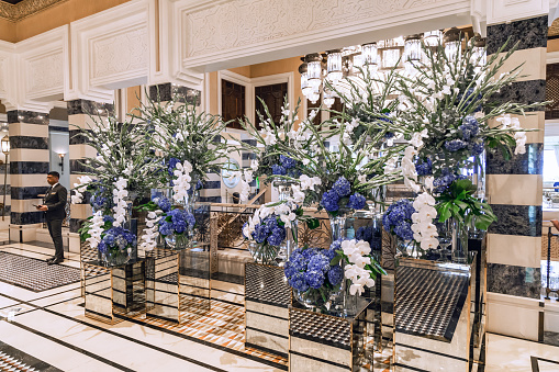 The lobby in a luxury hotel in Dubai. Dubai, UAE - April 30, 2023