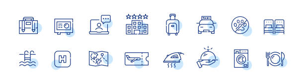 ilustrações de stock, clip art, desenhos animados e ícones de travel and hotel accommodation icons. room service, restaurant, bed type, taxi etc. pixel perfect, editable stroke - compass key globe earth