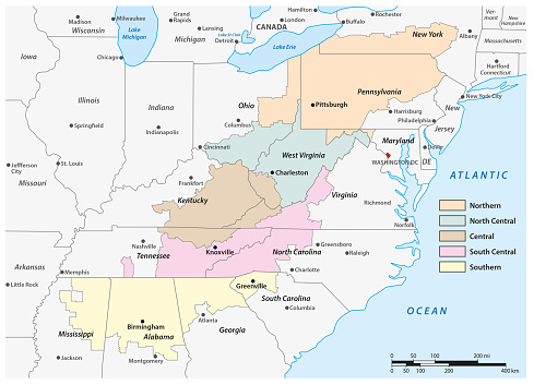 Administrative map of the Appalachia region in the eastern United States