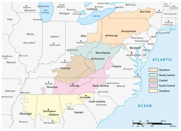 Vector illustration of Administrative map of the Appalachia region in the eastern United States