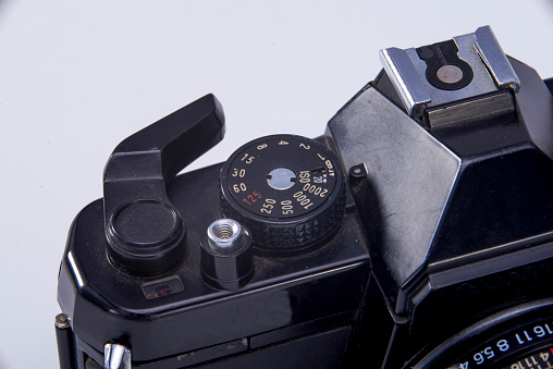 Close-up of a retro manual film camera
