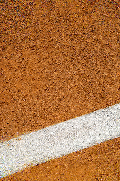 guardando dall'alto in basso una linea di fallo bianca sulla sporcizia del diamante da baseball - baseline baseball single line dirt foto e immagini stock