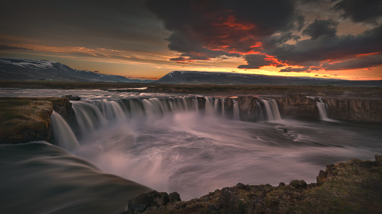 Famous powerfull Godafoss waterfall on north Iceland at beautifull sunset