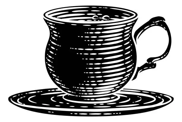 Vector illustration of Coffee Tea Cup Hot Drink Mug Woodcut Etching