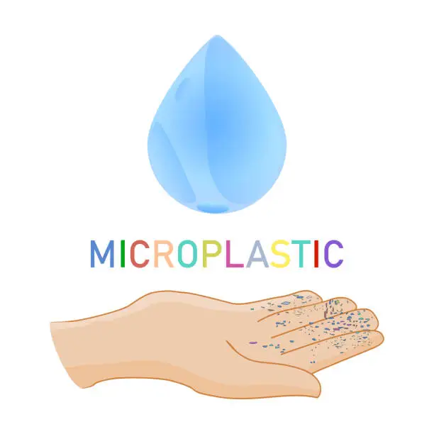 Vector illustration of Water drop and hand with microplastic isolated on white background. Small plastic pellets on hand. Micro plastic on fingers.