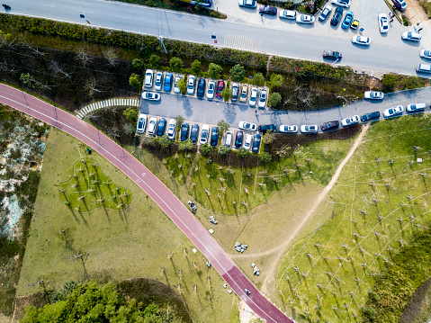 Vertical aerial photography of urban leisure parks and parking lots